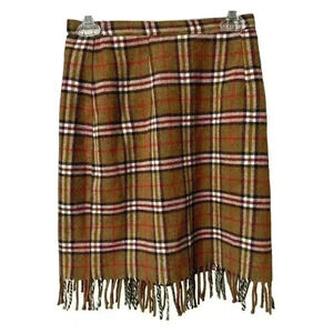 Reclaimed Vintage Brown and Red Wool Plaid Scarf Skirt Size 6P High Waist